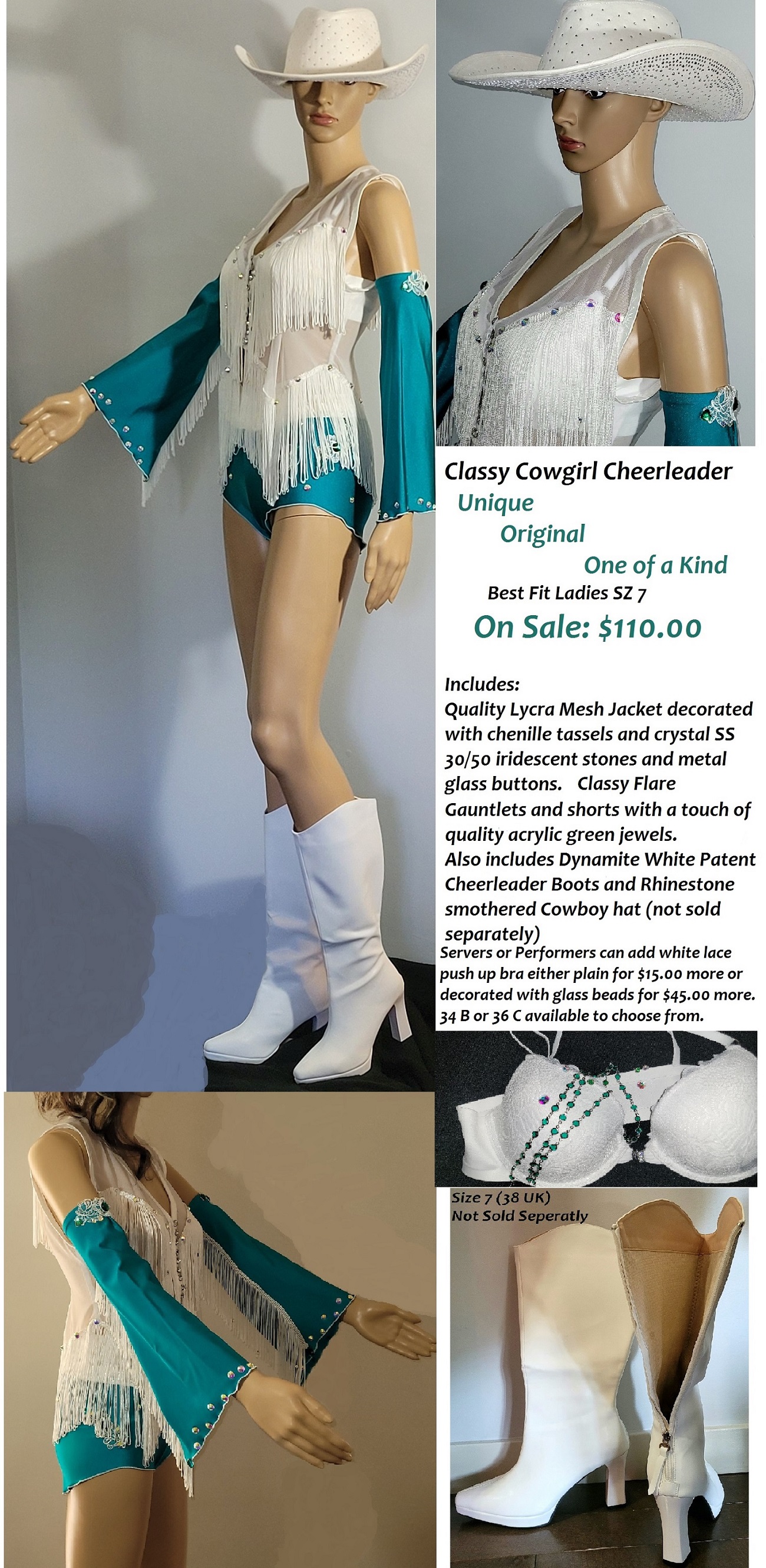 Shiny Sassy Booty Shorts Cowgirl or Cheerleader Halloween Costume for Parties and Events, White Tassels, Glass Studs and Crystal Rhinestones, White Lycra Mesh Jacket