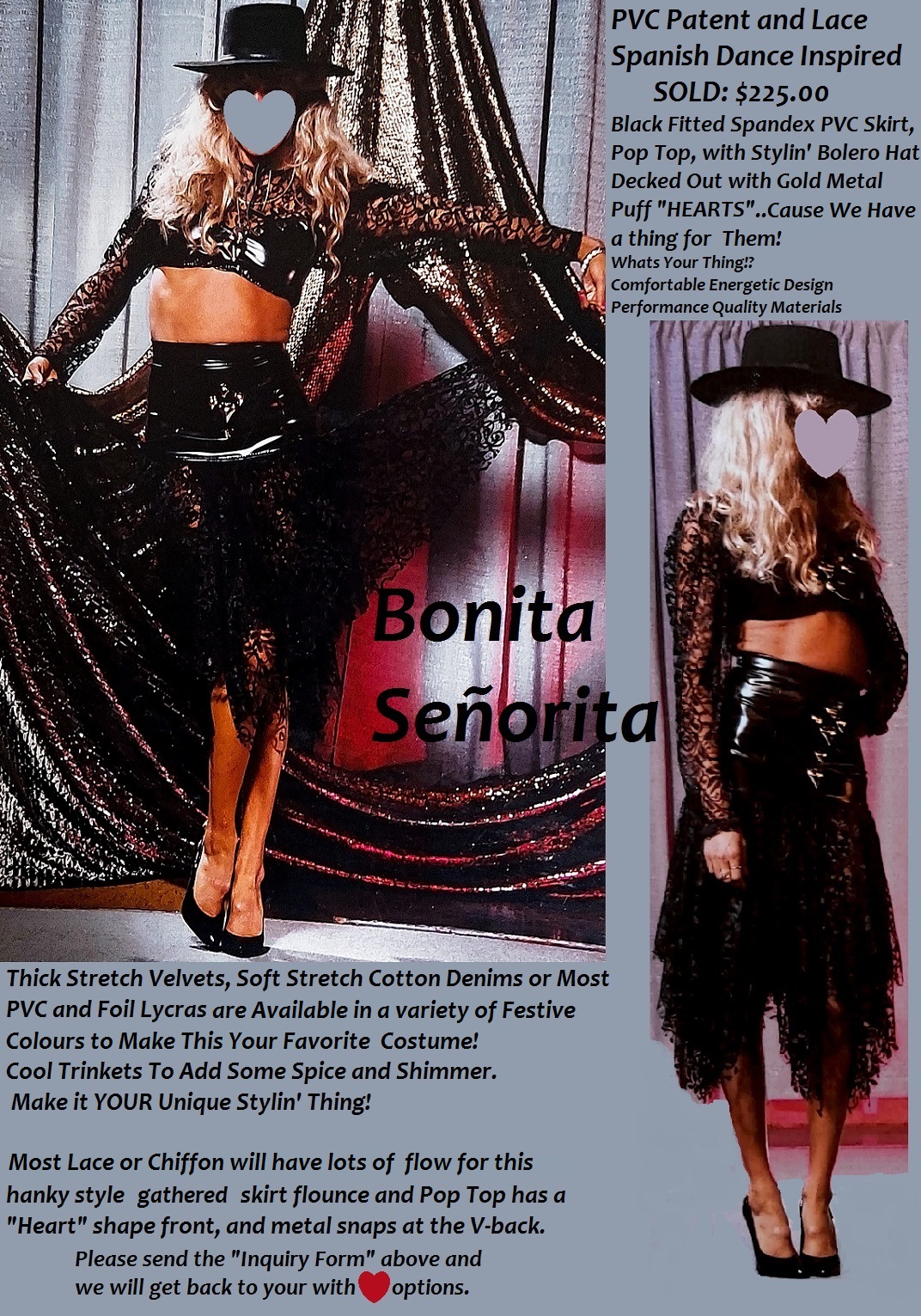 Black PVC Patent Spanish Dance Lace Metal Puff Heart Dance Performance Costume