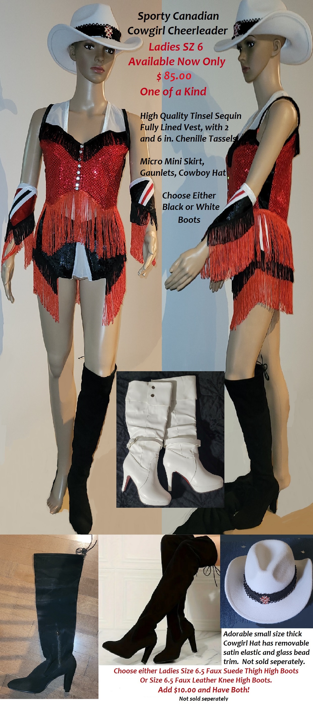 Canadian Cowgirl Cheerleader, Red White Black, White Cowboy hat and boots